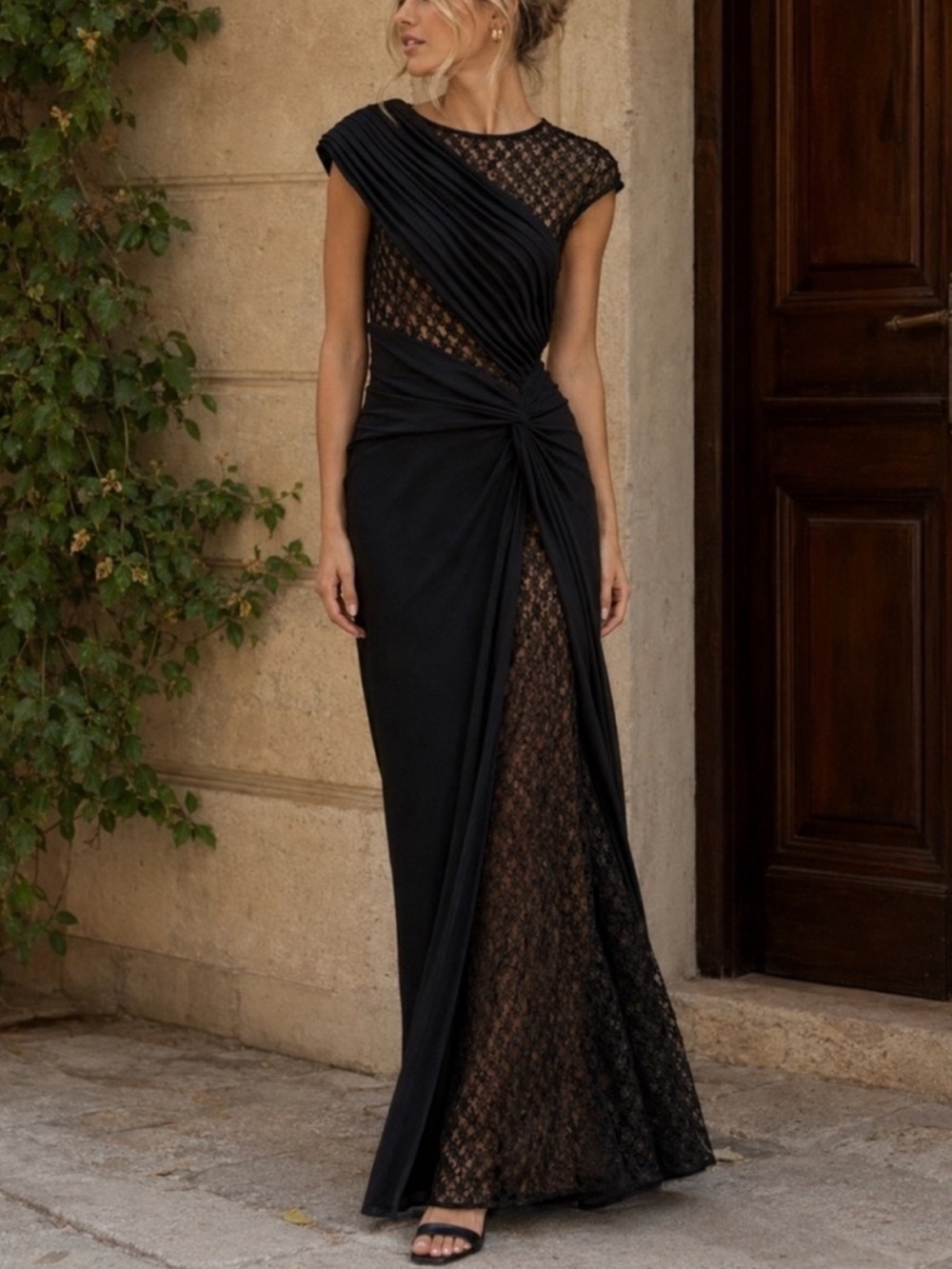 Tadashi Shoji Jetta Peek a Boo Illusion Gown Black Cap Sleeve Maxi Dress